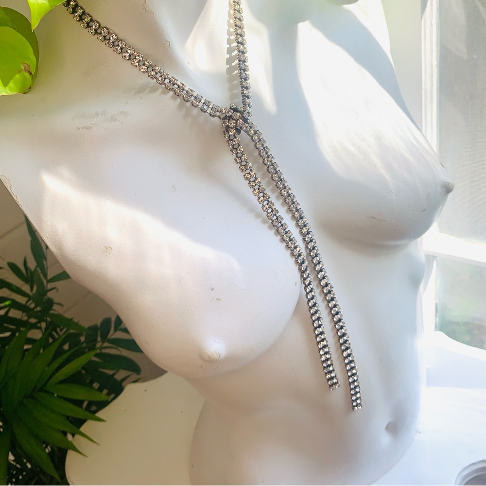 J. Crew rhinestone crystal fixed knot tie necklace.